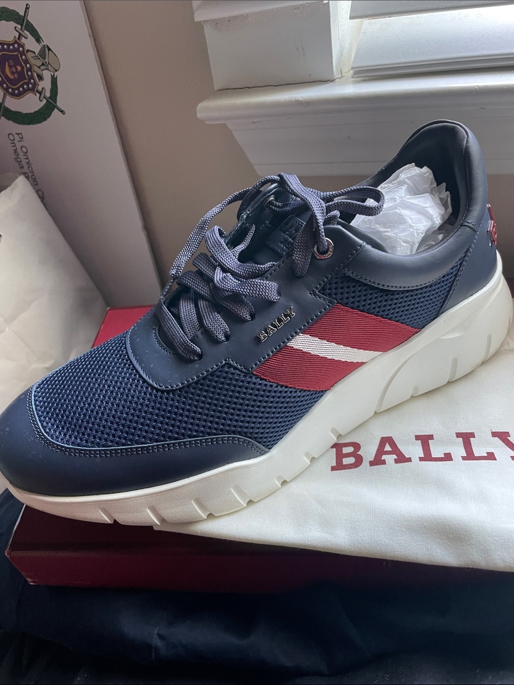 Bally Navy Sneaker with Red and White Stripe Accent - Picture 3 of 9
